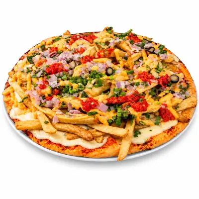 Pizza Muzzarella con Fritas - Cheddar, Panceta y verdeo